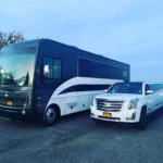 Workhorse luxury limo party bus, specifically a 38-passenger model, paired with a white Cadillac Escalade limousine.